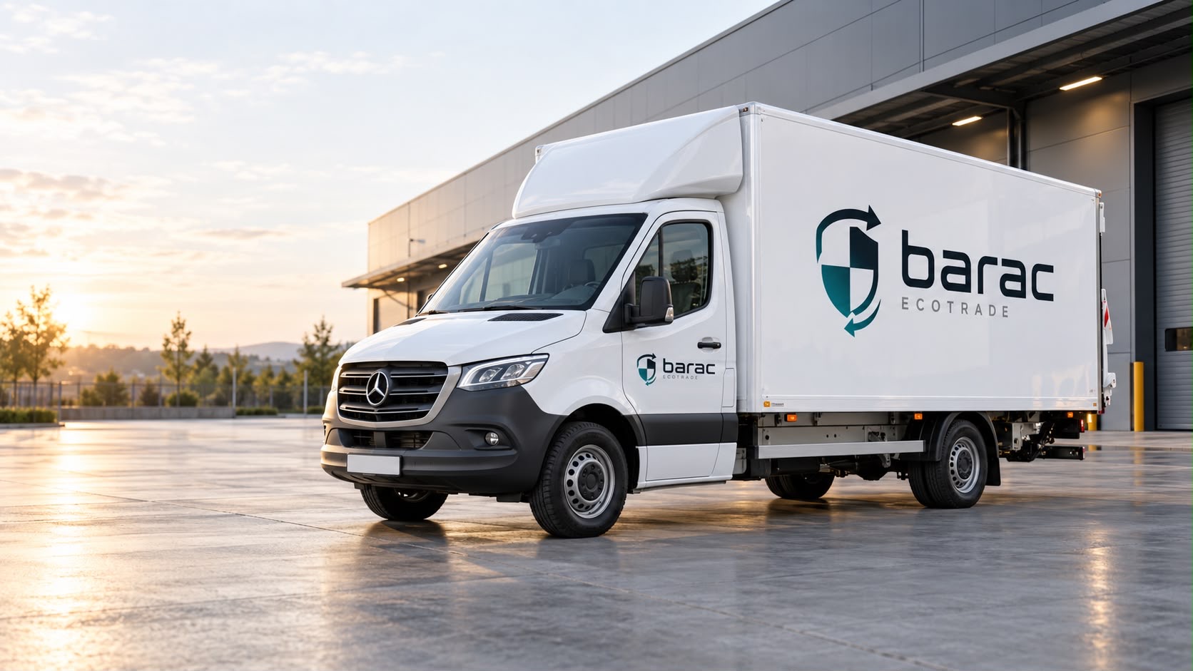 Weisser Barac EcoTrade Lieferwagen mit Logo vor einer Lagerhalle